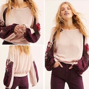 Free People Blush Thermal with Paisley Floral Mesh Colored Sleeves Medium
